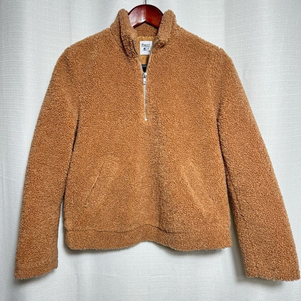 Princess Polly Teddy Fleece Jacket S Camel Brown Quarter Zip Faux Fur Streetwear